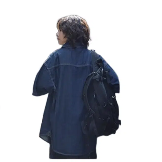 轻迎 夏季日系复古牛仔水洗宽松街头多口袋短袖衬衫 男女同款