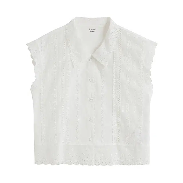 茵曼 淡人穿搭森系镂空无袖刺绣宽松小飞袖衬衫上衣 女款