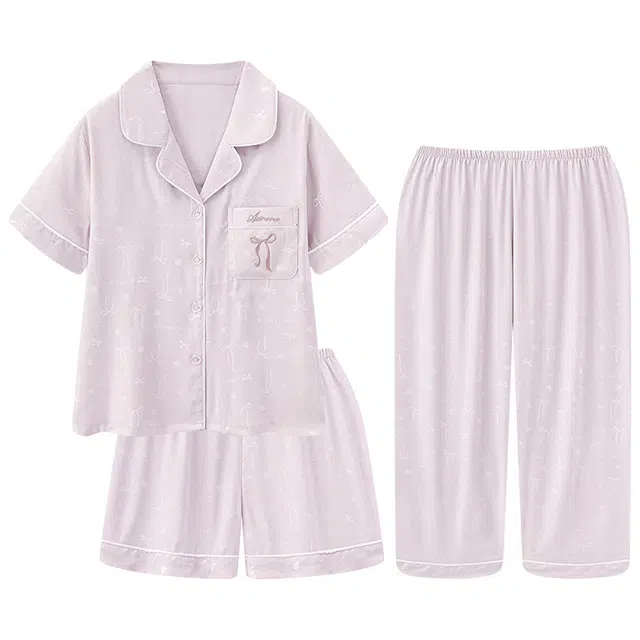 俏韵 三件套甜美带胸垫翻领家居服睡衣套装 女款