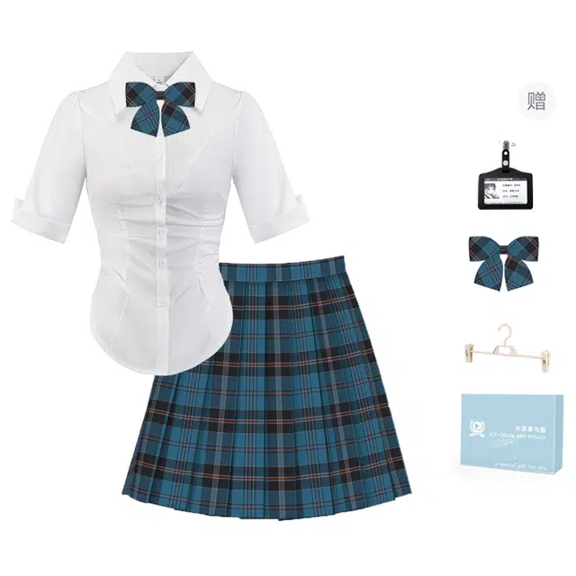 冰淇淋与鲸 夏季 学院风穿搭短款修身收腰短袖衬衫经典格子休闲百褶裙高腰伯克利制服 女款 礼盒装 半袖衬衫+沧月蓝格裙  买赠送领结+校章
