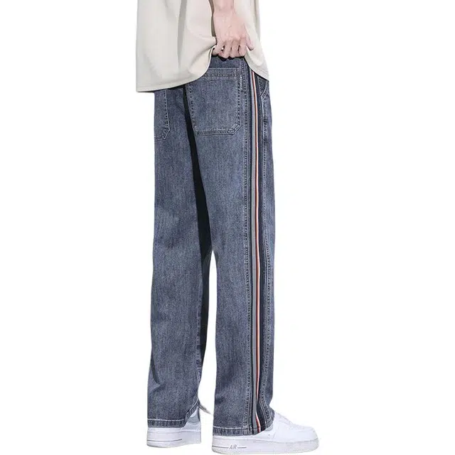 隐狼世家 阔腿男生夏季薄款条纹休闲长裤春秋直筒宽松裤子男牛仔裤 男款