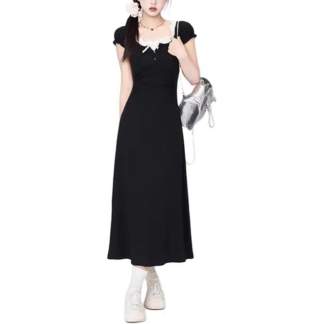 哒头下雨不愁 拼接假两件女夏季韩版修身显瘦复古高级感过膝长裙短袖连衣裙 女款