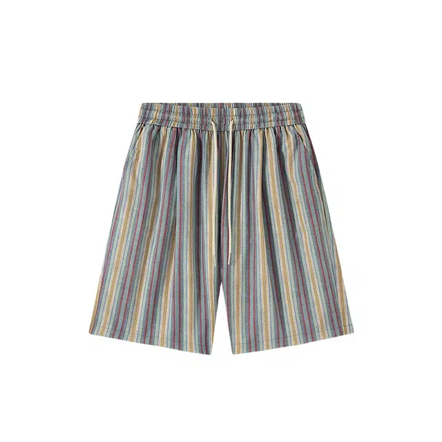 加荣 日系复古冰丝夏季薄款透气潮牌条纹速干五分裤宽松大码直筒阔腿休闲短裤 男女同款