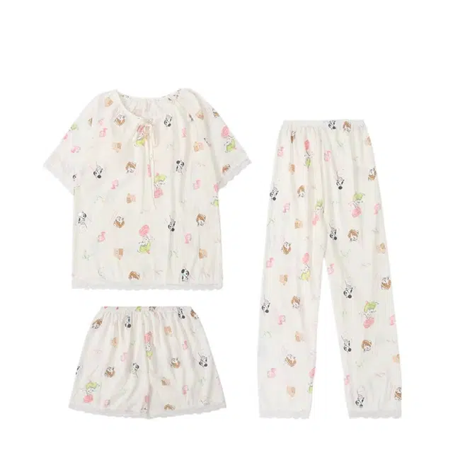 俏韵 圆领短袖长裤三件套薄款舒适家居服可外穿夏季睡衣套装 女款