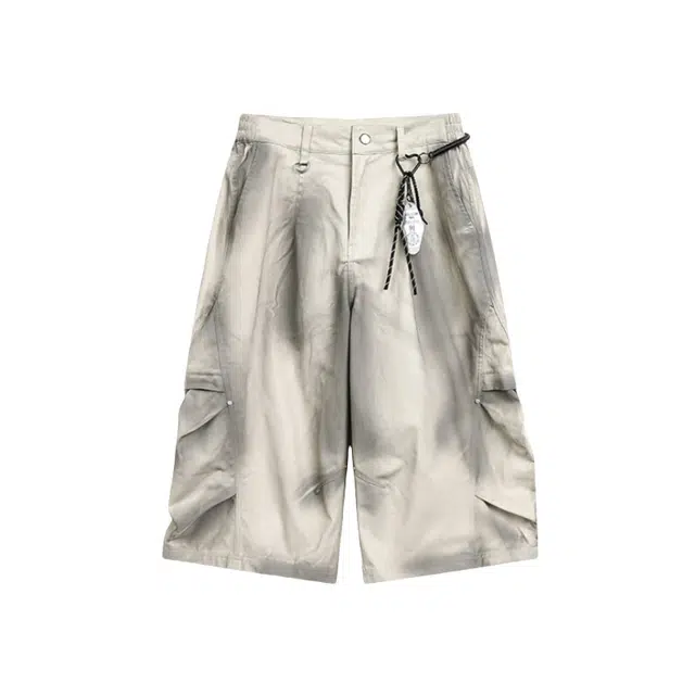 加荣 美式扎染做旧薄款透气潮流宽松褶皱七分裤弯刀阔腿休闲工装短裤 男女同款