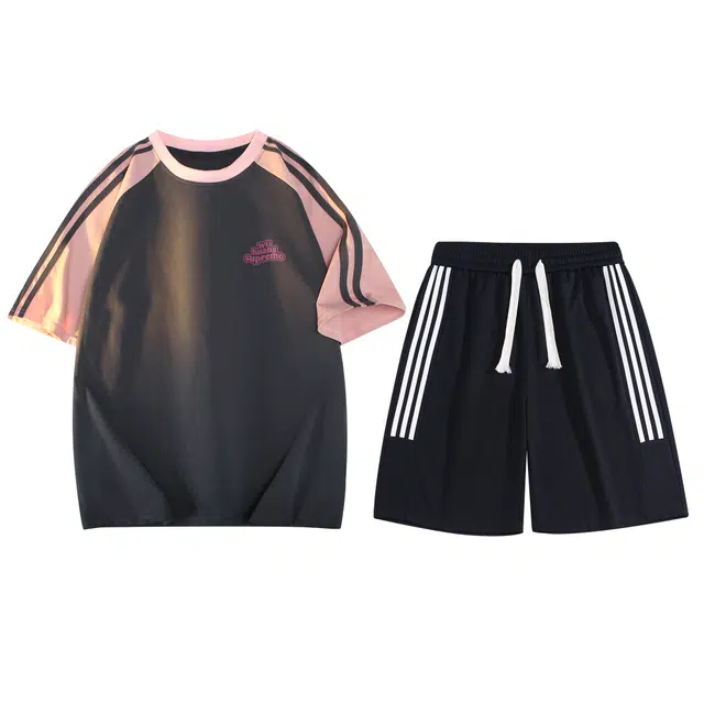 吾皇猫 学院风复古舒适透气简约百搭印花宽松直筒时尚条纹休闲运动套装 男女同款