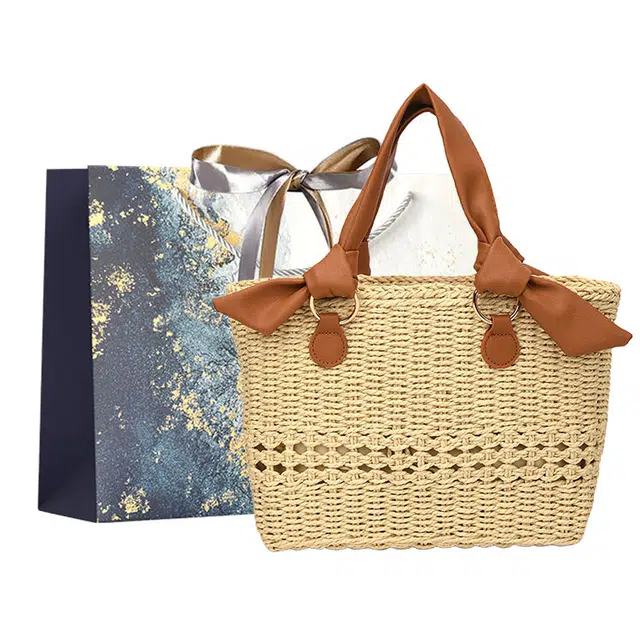 伊曼家 时尚编织通勤托特包海边度假沙滩包方形旅游休闲 草编 手提包 常规 女款 米白色/卡其色