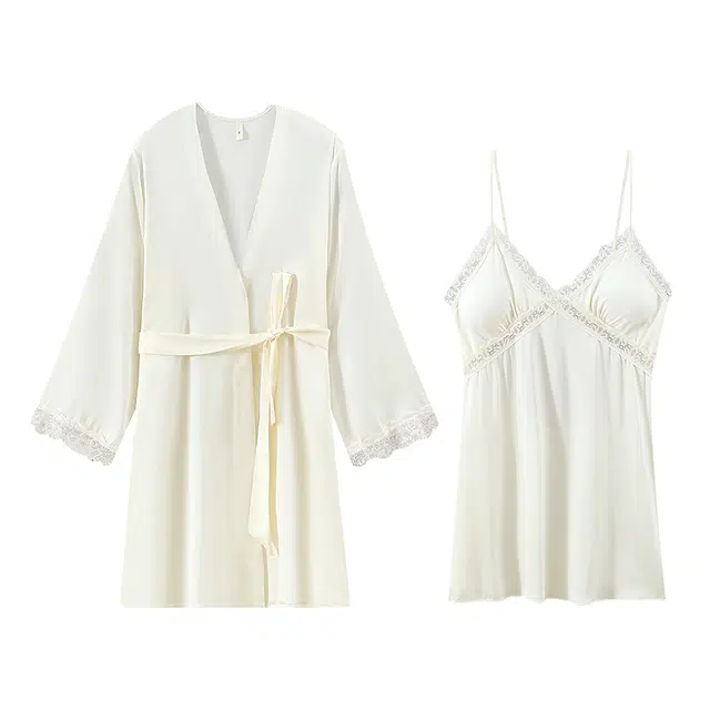 俞兆林 亲肤凉感纯色带胸垫镂空性感吊带中长裙长袖两件套透气家居服睡衣套装 女款