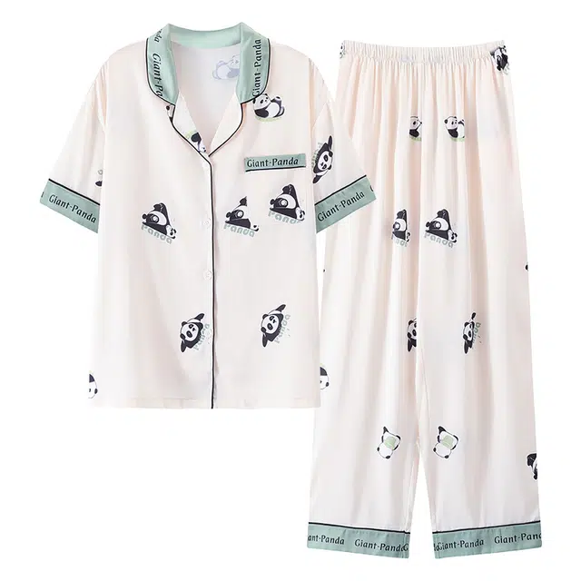 莫代尔 百搭轻盈透气大方翻领开衫韩版个性舒适柔软亲肤细腻短袖长裤不易起球家居服可外穿睡衣套装 女款