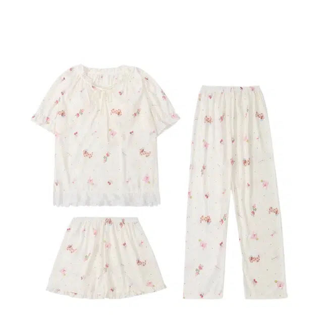 俏韵 圆领卡通小狗短袖长裤三件套薄款舒适家居服可外穿睡衣套装 女款