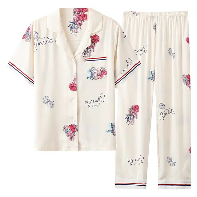 莫代尔 休闲简约韩版个性翻领开衫宽松显瘦舒适柔软亲肤细腻短袖长裤不易起球家居服可外穿睡衣套装 女款