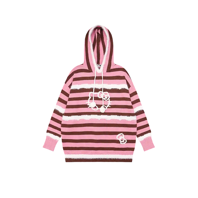 奇迹街区 潮牌美式小猫连帽复古宽松情侣针织衫 男女同款