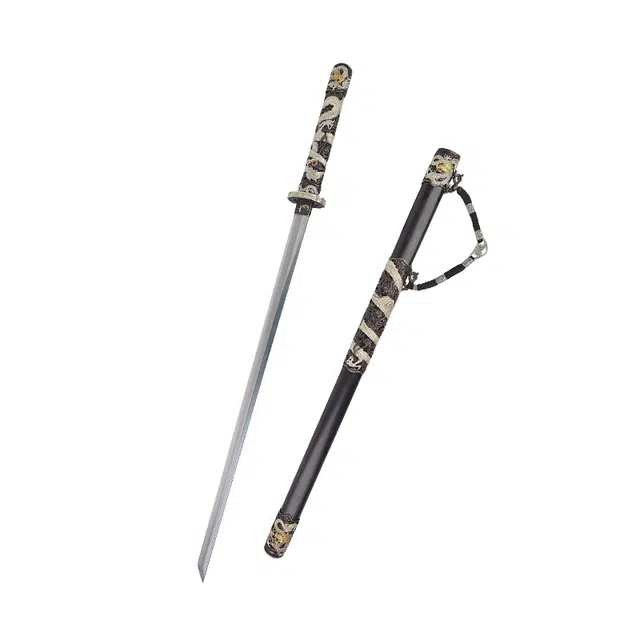 天子剑 云螭映月唐横刀 黄铜鎏金银装饰手柄黑檀木鞘长款刀剑 成品模型