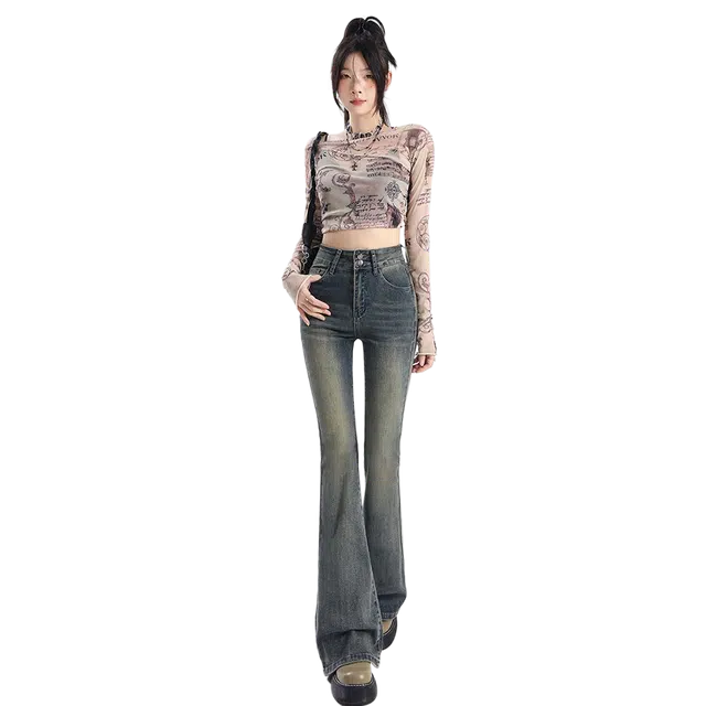 么宁 美式复古高腰设计感显瘦马蹄裤微喇叭裤牛仔裤 女款