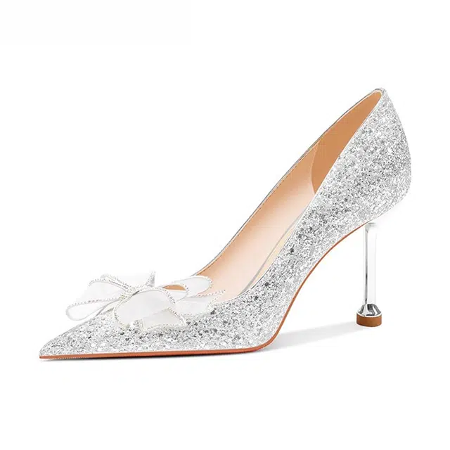 小鹿米利 水晶婚鞋新娘鞋秀禾主婚纱两穿法式高级感蝴蝶结气质 细跟 高跟鞋 女