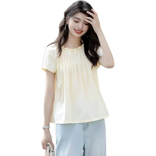 水中花 温柔夏季弹橡筋圆领宽松舒适短袖衬衫 女款