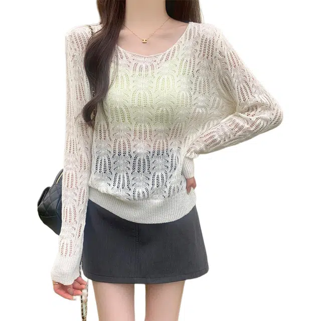 缪斯的诱惑 夏季韩版宽松圆领镂空设计感防晒罩衫可内搭上衣针织衫 女款