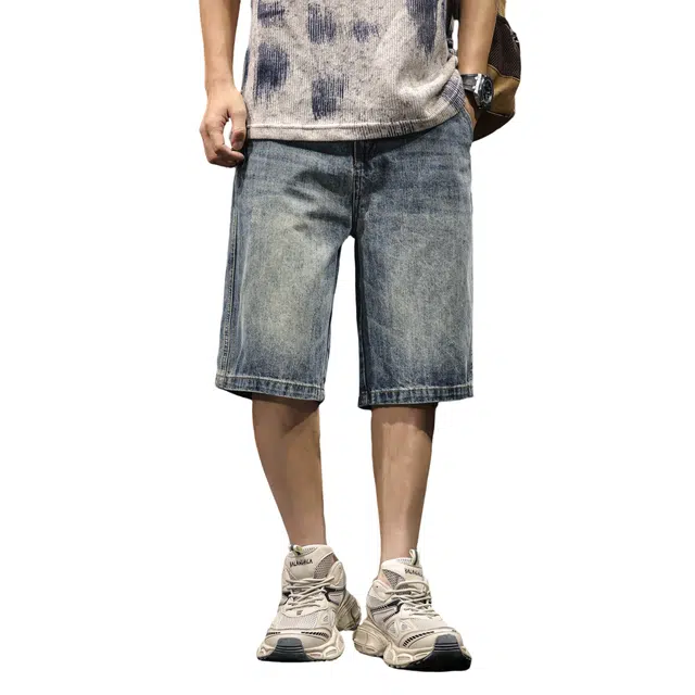 路杰邦 基础款美式复古夏季薄款舒适透气休闲百搭时尚宽松直筒阔腿大码工装五分牛仔短裤 男款