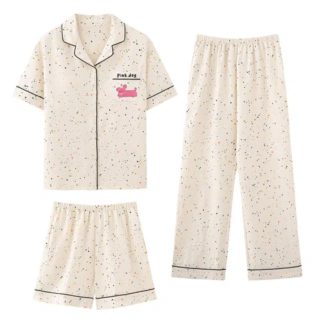 卡绚 翻领短袖短裤长裤三件套甜美卡通休闲舒适家居服夏季睡衣套装 女款