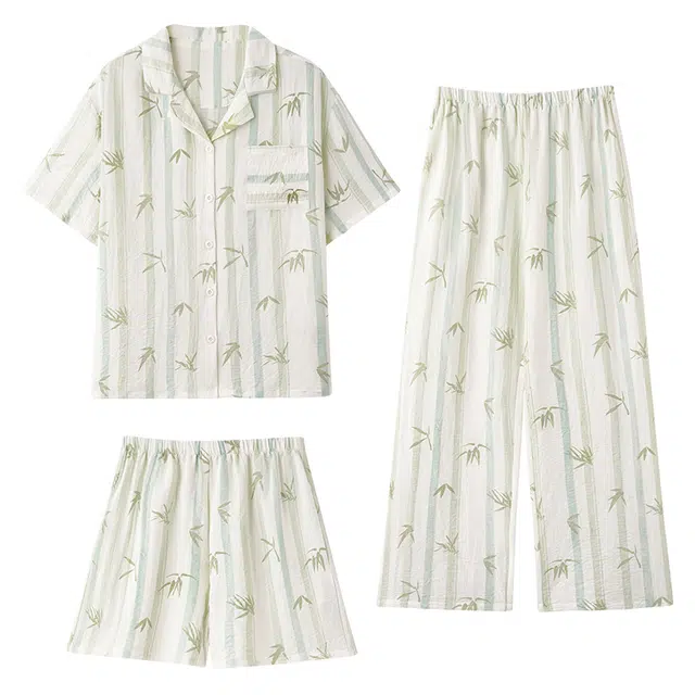 卡绚 翻领短袖短裤长裤三件套甜美休闲舒适休闲家居服可外穿夏季睡衣套装 女款