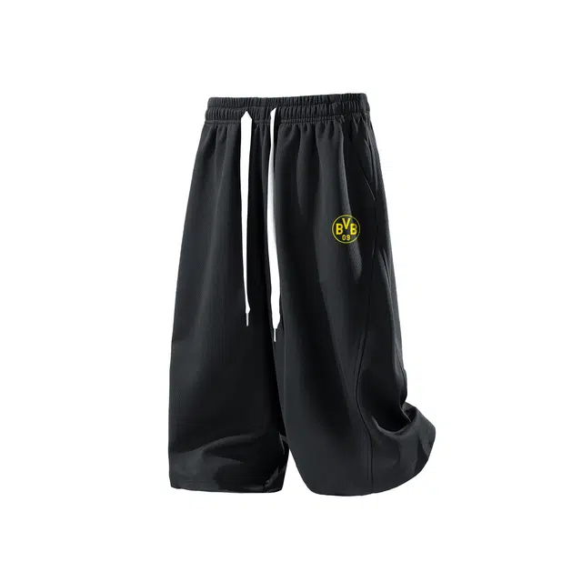 普鲁士多特蒙德 美式高街学院风纯色拼接印花宽松薄款透气七分休闲短裤 男女同款