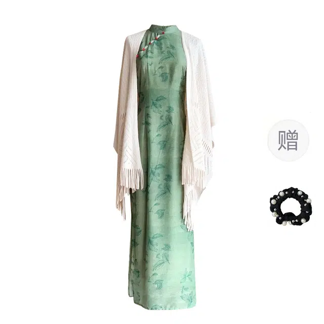 雾闪闪 新中式改良旗袍显碎花立领连衣裙百搭纯色披肩开衫裙装套装 女款