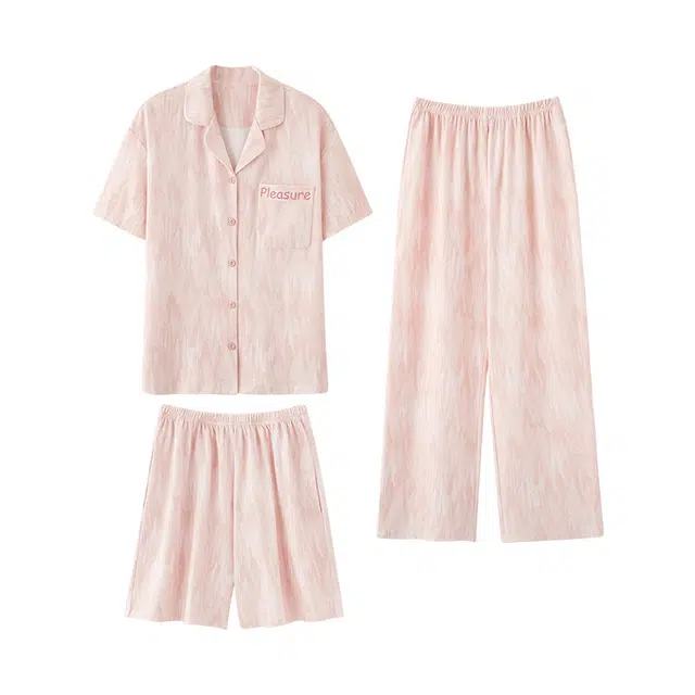 潞优野 纯棉薄款短袖短裤三件套夏季睡衣套装 女款