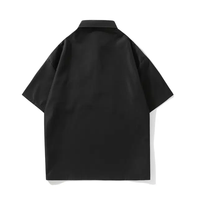 曼城 美式复古纯色简约半拉链套头宽松休闲短袖工装衬衫 男女同款
