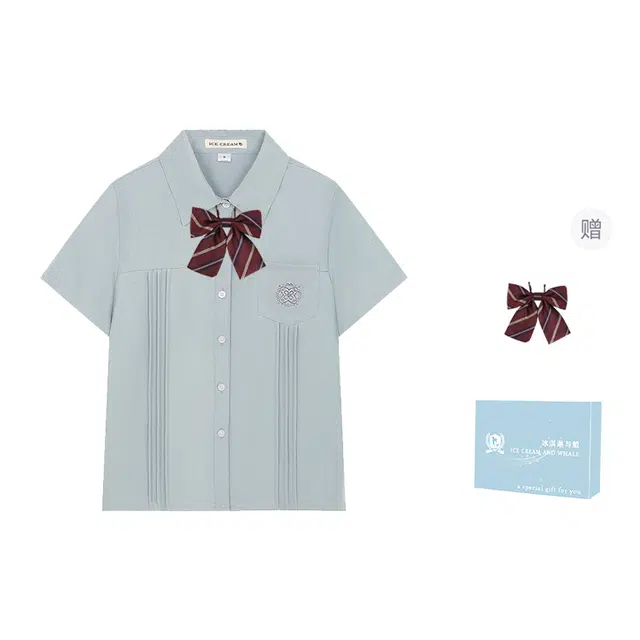 冰淇淋与鲸 夏季 学院风甜美日系穿搭休闲上衣毕业季纯色樱花刺绣短袖衬衫 女款 礼盒装 薄荷绿