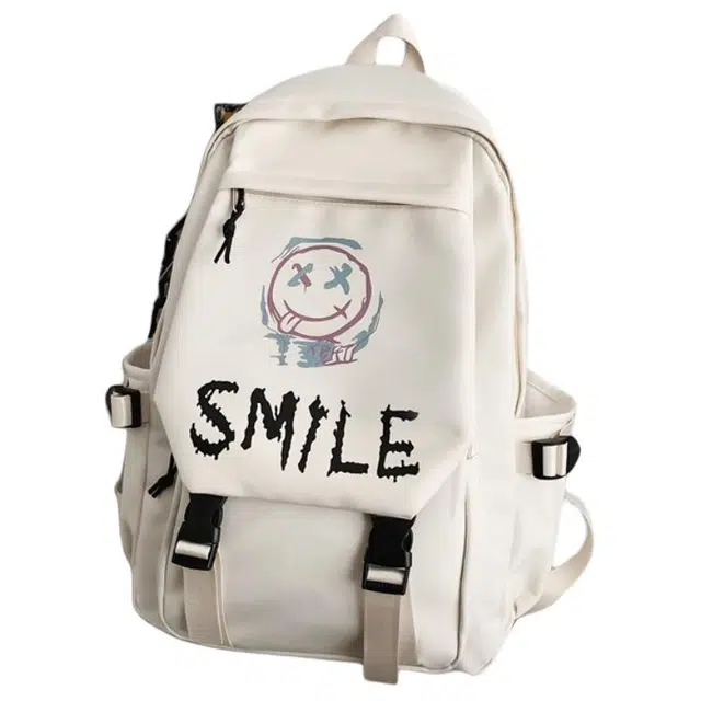 南潇湘 印花轻便简约大容量运动初中生高中生大学生百搭书包 尼龙 双肩包 男女同款情侣款 白色涂鸦笑脸/黑色涂鸦笑脸/白色大牙/黑色大牙