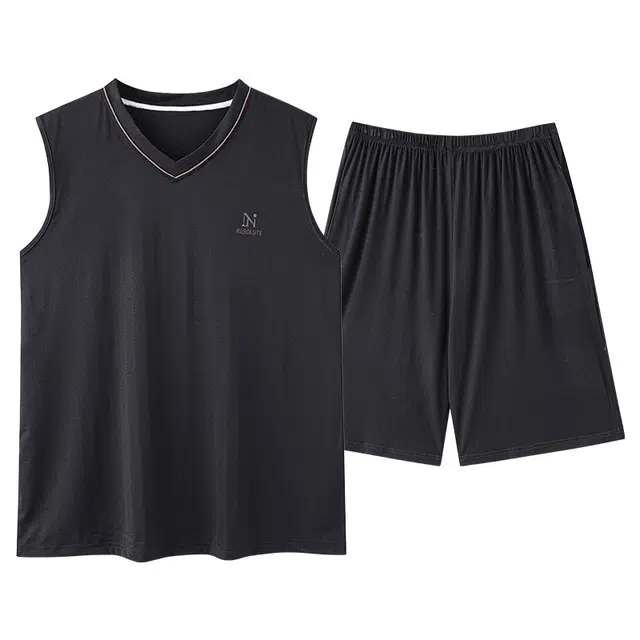 俏佳人 舒适透气线条休闲亲肤柔软无袖五分裤睡衣套装 男款