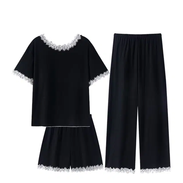 俏韵 圆领莫代尔高级感甜美舒适可外穿短袖三分裤长裤睡衣套装 女款