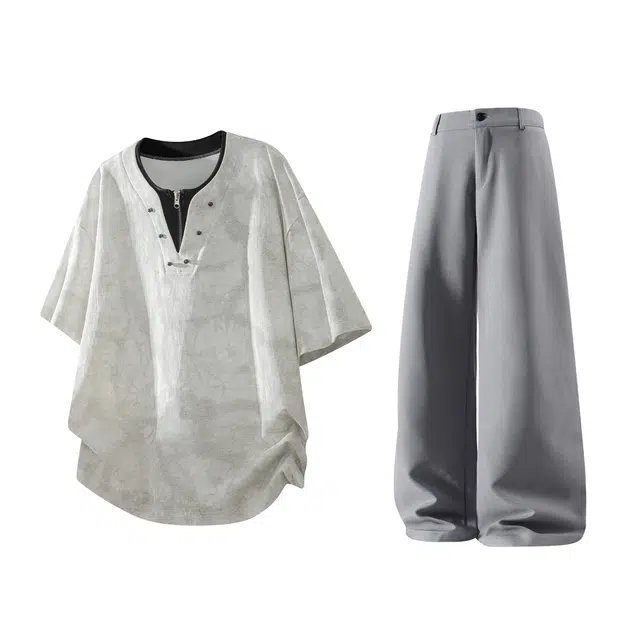 梓润格 夏季宽松舒适美式复古时尚潮流简约老钱风松弛感设计感氛围感无性别主义嘻哈风透气百搭经典短袖长裤休闲运动套装 男女同款