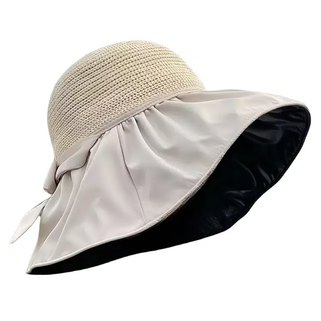 优莲茵 时尚百搭镂空透气可折叠 夏季遮阳防紫外线高级感蝴蝶结太阳帽大帽檐 聚酯纤维 防晒帽 女款