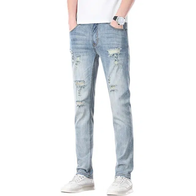 炳盛 破洞修身小脚韩版潮流磨破外穿弹力长裤子牛仔裤 男女同款