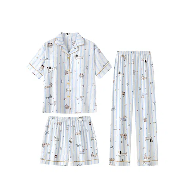 潞优野 带胸垫短袖长裤三件套卡通狗可外穿夏季睡衣套装 女款