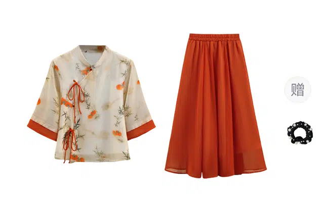 雾闪闪 合身高腰适中立领植物花卉纯色七分袖裙装套装 女款