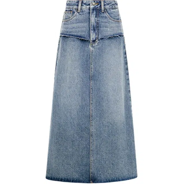 美洋 丹宁回潮假两件纯色宽松百搭高腰牛仔长裙 女款