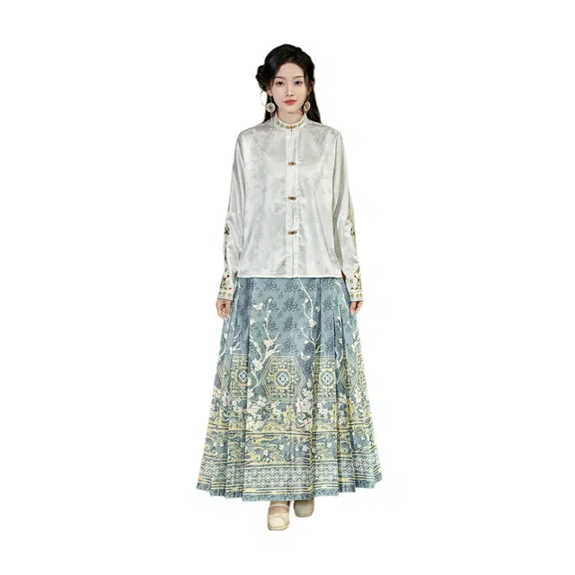 荟萃阁 新中式国风古典提花立领长袖衬衫一片式百褶印花马面裙裙装套装 女款