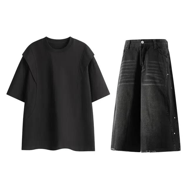 梓润格 美式复古时尚潮流简约无性别主义松弛感设计感氛围感透气百搭经典款解构短袖短裤穿搭休闲运动套装 男女同款