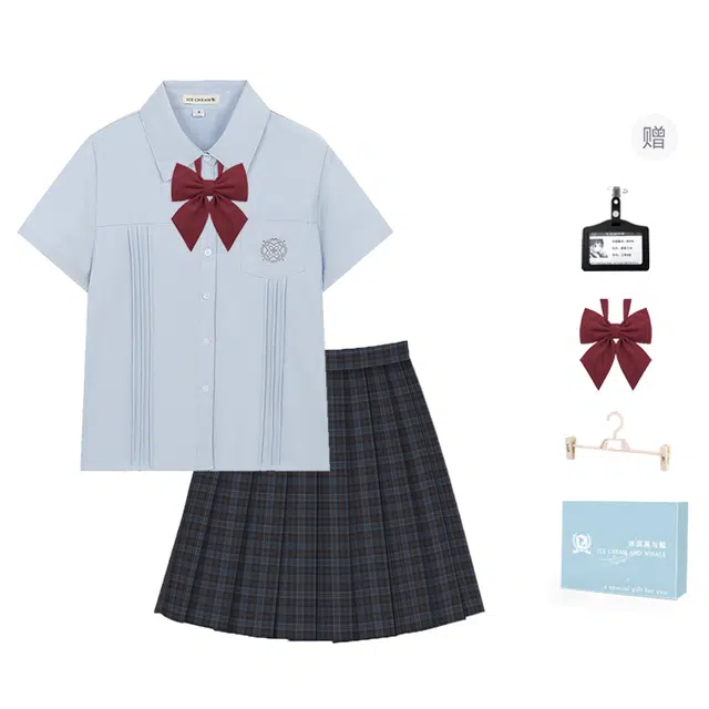 冰淇淋与鲸 学院风舒适简约制服 女款 蓝色短袖衬衫+凛御堇格裙  买赠送领结+校章