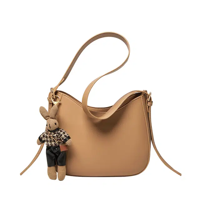 纳兰杜 时尚高级感轻复古拉链开合 牛皮 水桶包腋下包水桶包斜挎包单肩包 中号 女款 卡其色/咖啡色/米白拼杏