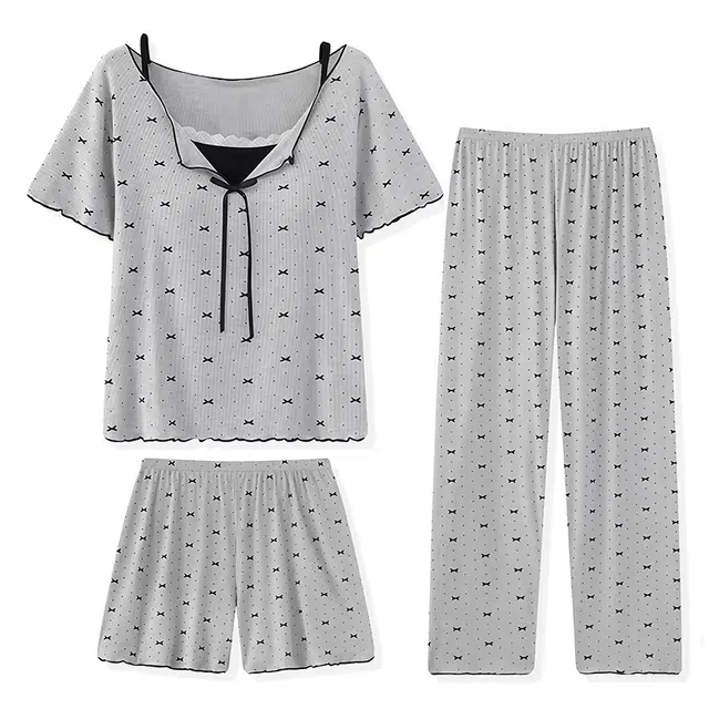 顶瓜瓜 带胸垫短袖翻领蝴蝶结波点休闲舒适三件套家居服睡衣套装 女款