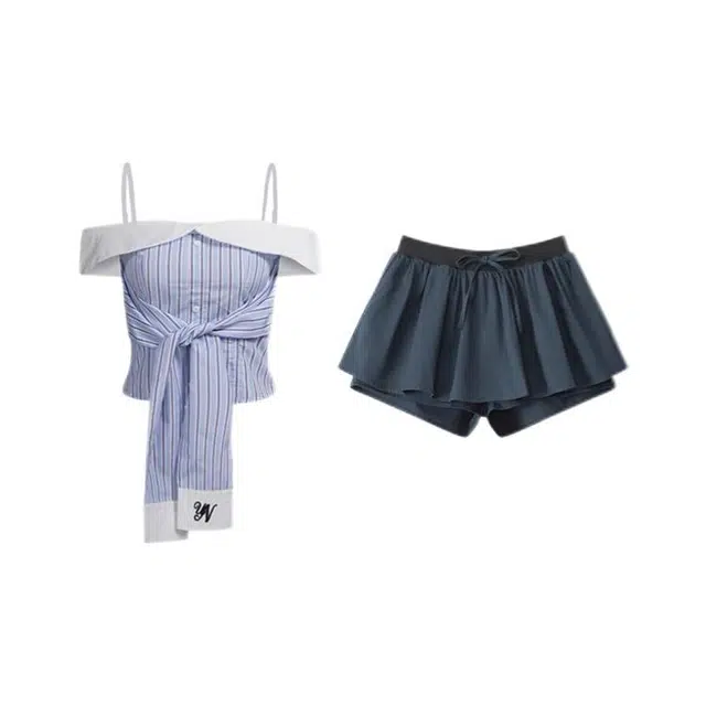 沐晓欣 韩系小清新清纯甜美格纹吊带设计感绑带背心百褶短裙日常通勤小众蓬蓬裙多巴胺穿搭少女温柔风裙装套装 女款