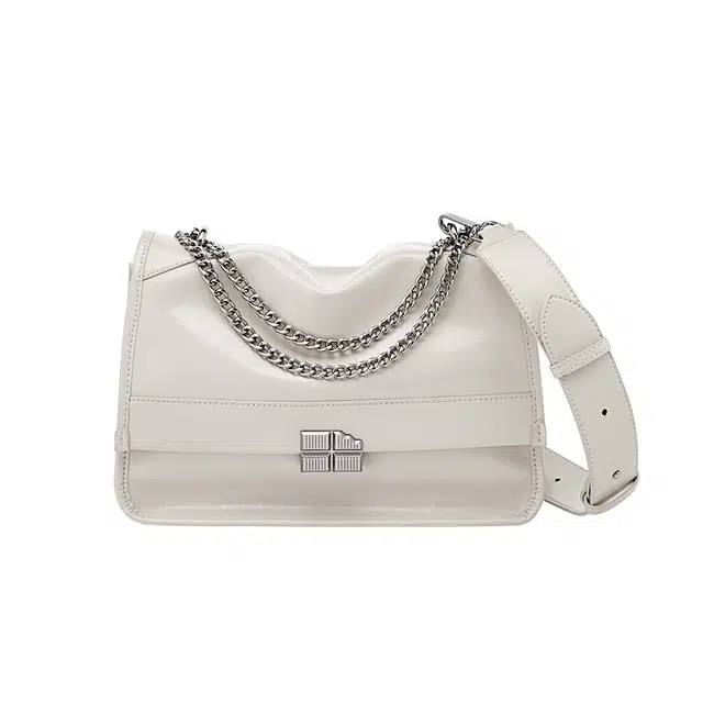 纳兰杜 时尚潮流高级小众高颜值感大容量链条 牛皮和合成革 斜挎单肩包 中号 女款 米白色/子夜黑