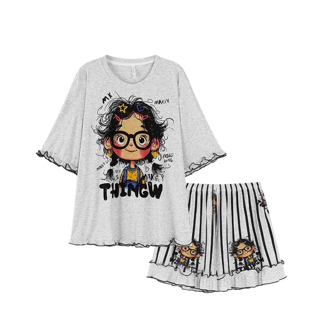 俏韵 圆领卡通款短袖短裤薄款家居服可外穿夏季睡衣套装 女款