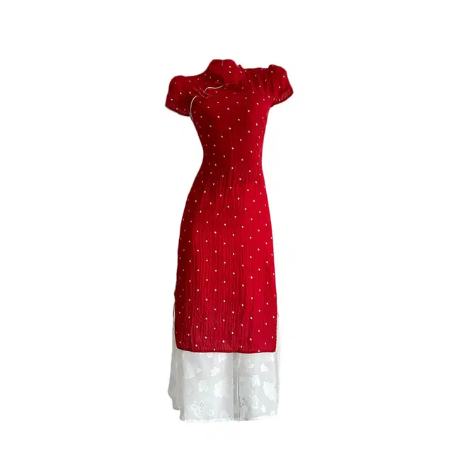 敲模女孩 新中式气质改良旗袍波点设计感收腰假两件拼接高级感短袖连衣裙 女款