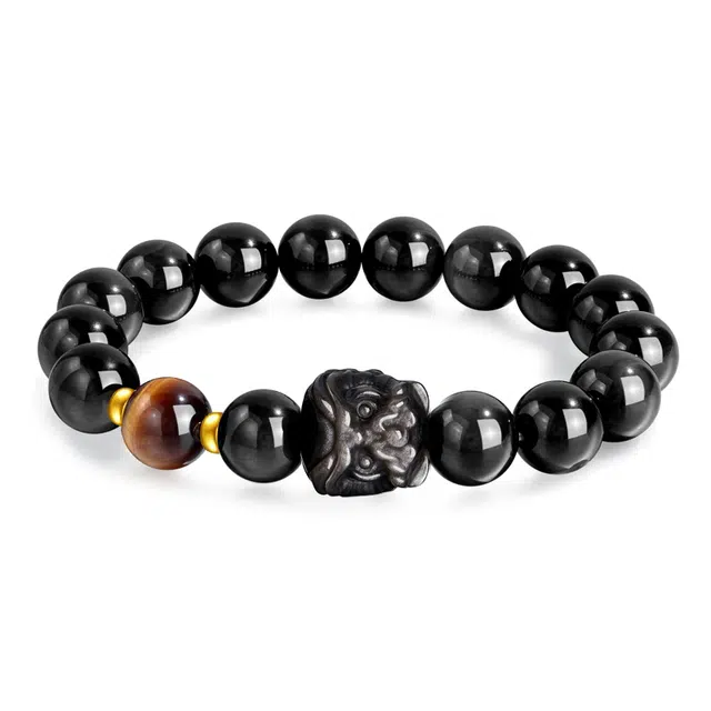 彗时 国潮醒狮新中式招财时尚简约百搭串珠#好运 黑曜石 手串 男女同款情侣款