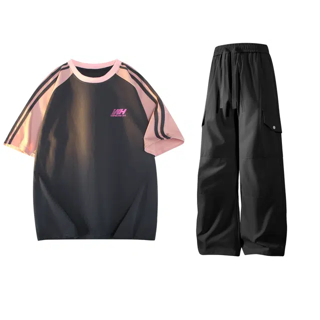 吾皇猫 美式复古学院风基础款舒适透气简约百搭印花宽松直筒短袖长裤时尚潮流条纹休闲运动套装 男女同款