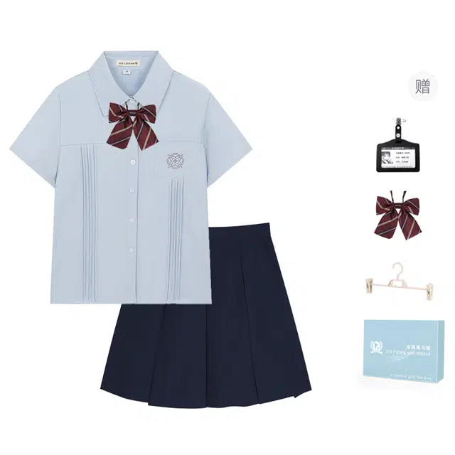 冰淇淋与鲸 学院风穿搭日常百搭上衣方领樱花短袖衬衫经典纯色通勤百褶裙伯克利半身裙制服 女款 蓝色短袖衬衫+绀色箱褶裙  买赠送领结+校章